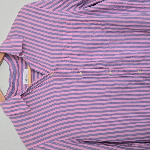 GAP Pink Stripe Oversize Boyfriend Shirt 100% Linen Buttom Down Summer Shirt - Picture 3 of 6